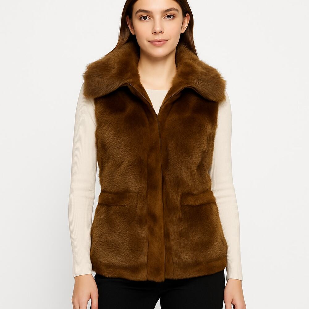 RLZ Brown Faux Fur Vest w/ Collar Front Pockets Soft Plush Winter Layering Piece - Picture 2 of 10